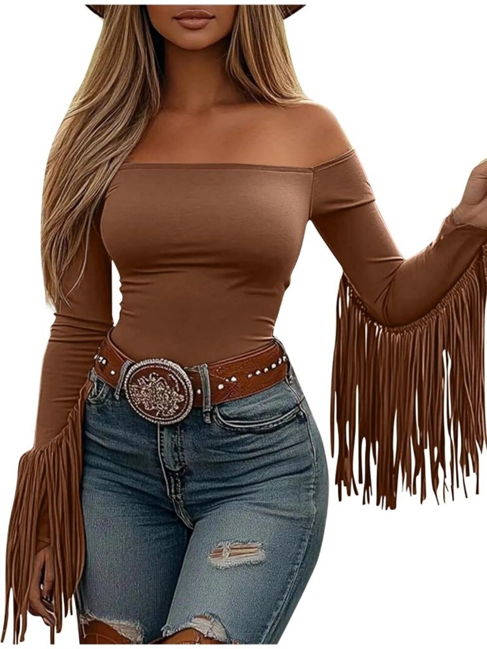 Women's Coffee Stretchy Crop Off Shoulder Concert Cowgirl Fringe Tassel Blouses